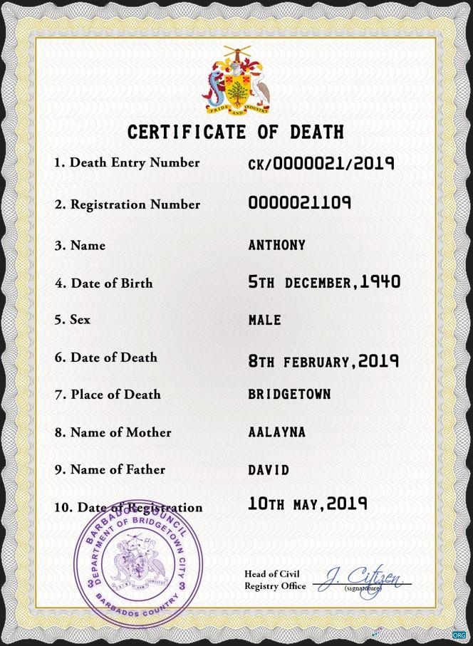 Download Barbados death certificate PSD template Photoshop template